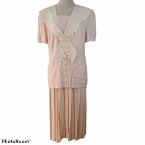 Vintage 1980s pink cottage core midi beaded lace collar dress size 12